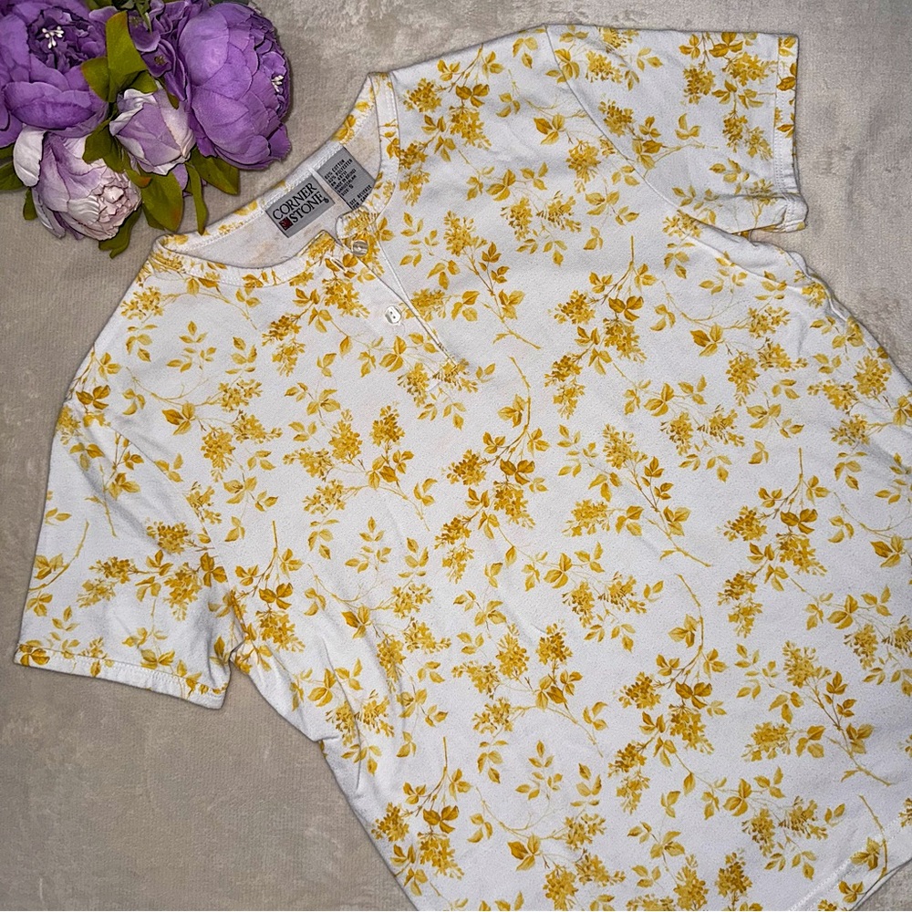 Vintage Yellow Floral Henley T-Shirt